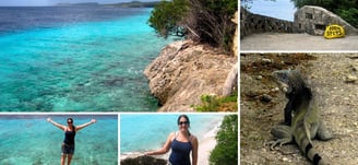 Fotos da autora na praia de 1000 steps em Bonaire.