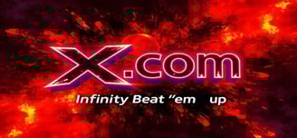 a red and black logo with the word x.com infinity beat 'em up