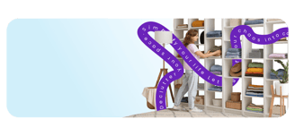 light blue to white gradient with woman organizing, purple line swirling around her
