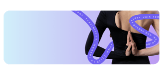light blue to purple gradient background with lady posing with hands behind back closed together with purple swirls around