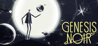 a cartoon skeleton in a space with a skull in the background