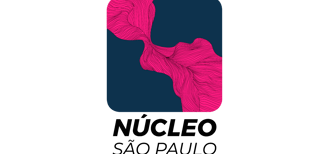 a pink and blue square logo with a woman in a pink dress
