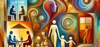 a painting of a family gathering in a colorful painting