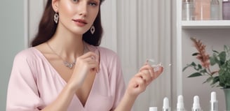A neatly arranged collection of luxury skincare products placed inside an elegant white leather bag. The items are set against a backdrop of fashion magazines on a wooden surface, giving a sense of sophistication and style.