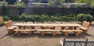 a table with benches and benches in a garden