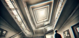 school stairs, distorted reality, surreal, psychological horror, eerie, unsettling, mystery