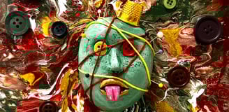 a painting of a face with buttons and buttons