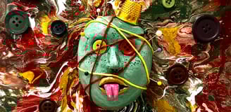 a painting of a face with buttons and buttons