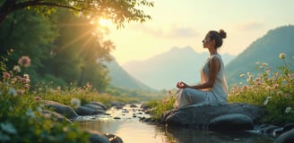 a woman sitting on a rock in a river