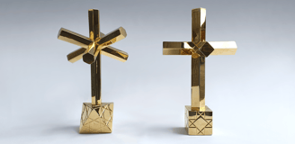 In Hoc Signo, the gilded, geometric bronze sculptures by Byrga Geniht
