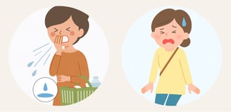 咳やくしゃみで尿漏れが起きる女性と、外出先で尿漏れに困っている女性のイラスト。