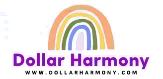Dollar Harmony Logo a colored rainbow with text and web address underneath