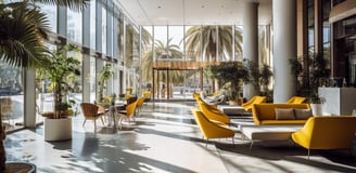 light-drenched lounge area of a top-rated hotel in Barcelona, Spain