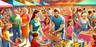 An illustration of children and parents happily sorting and recieve donated food