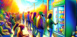 An illustration of community and family members taking donated food from a charity machine