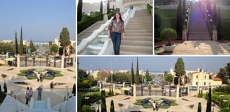 Fotos da autora nos jardins de Bahai em Haifa.