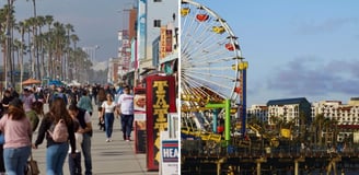 Foto de Venice Beach em comparação ao píer Santa Monica em Los Angeles.