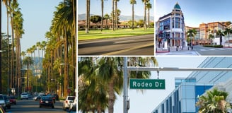 Registro da autora explorando a icônica Rodeo Drive com Beverly Hills ao fundo.