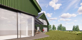 Minimalistinis namas su dvigubu šlaitiniu stogu ir terasa