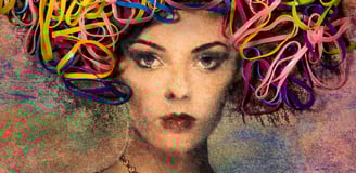"Fine art photographic portrait of a woman with vibrant, abstract colourful ribbons as hair, mixed media art photography