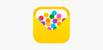 a yellow envelope with balloons floating in the air