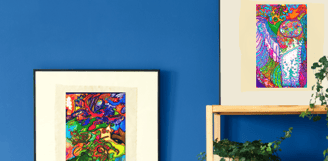 Colorful Boho living room with framed intuitive Reiki art wall hangings