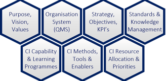 A series of 7 hexagons nested together which describe tangible elements in the CI Environment.