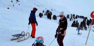 a woman is pulling a sled with a child in a sled