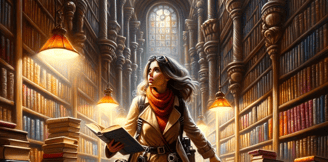 a woman in a trench coat is walking through a library