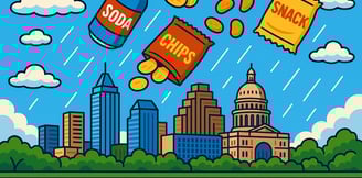 Illustration of snacks raining over the Austin skyline, featuring the Texas Capitol dome — represent
