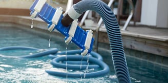 Close-up of a blue pool vacuum head and hose draining water after use during routine maintenance.