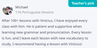 a teacher's profile of student testimonial Brazilian Portuguese lessons