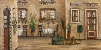 Italy Trattoria Across the Street, 2025, Acrylic on canvas, 8 x 16 x 3/4 inches  $250