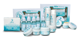 Allors skincare products including soaps, serums, and creams for brightening and skin care.
