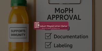 Bottle labeled "Supports Immunity" beside a MoPH Approval checklist: testing, documentation, and labeling requirements.
