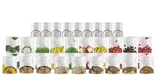Cans of Thrive Freeze Dried Food showcasing proteins, fruits, vegetables and milk.