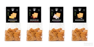 four packs of crackers, black labels with cracker pictures