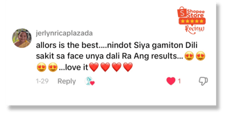 Real user feedback and 5-star reviews of Allors Skincare from Shopee customers.