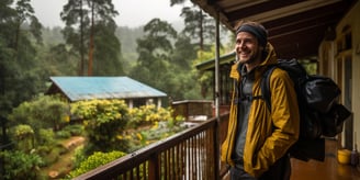 A backpacker enjoying the Kodaikanal mountainside views from his cottage porch rental.