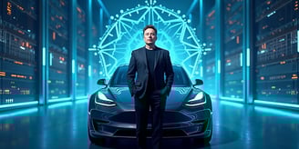 Elon Musk in a suit stands confidently beside a sleek car, exuding professionalism and style.