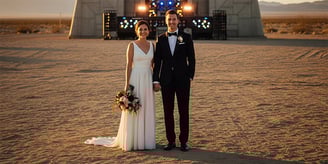 a man and woman standing in front of a stage