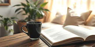 a cup of coffee and a book on a table