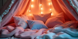 a bed with a pink canopy tent with lights on it