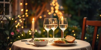 a table with a plate of food and wine glasses