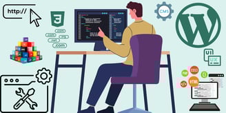 An illustration of web development and management. There are coding elements of html, css, php and cms management