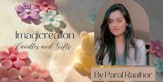 An image of scented wax miniatures in the background with the text- Imagicreation Candles and Gifts