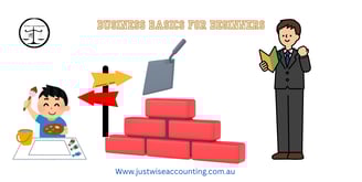 Business basics for beginners: cartoon man painting, blocks, and a suited man.
