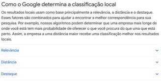 Diretrizes do Google informando como ele determina a classificação local