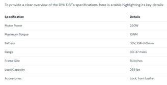 DYU D3F Electric Bike specifications