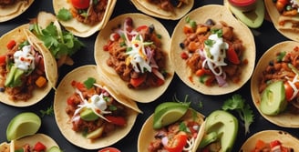 uma mesa com vários tacos e um prato de comida